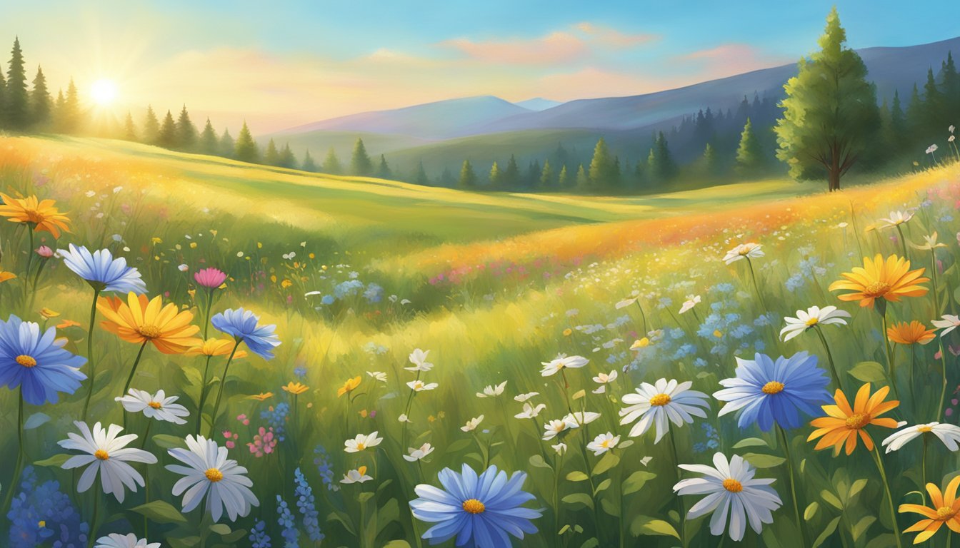 A vibrant, sunlit meadow with colorful wildflowers, a gentle breeze, and a clear blue sky, showcasing the lilt brand logo