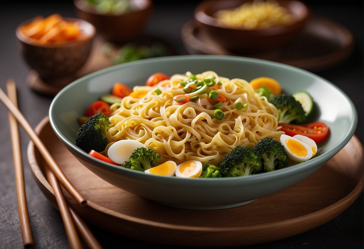 A steaming bowl of Chinese-style egg noodles with colorful vegetables and a savory sauce, accompanied by a small plate of nutritional information listing ingredients and serving sizes
