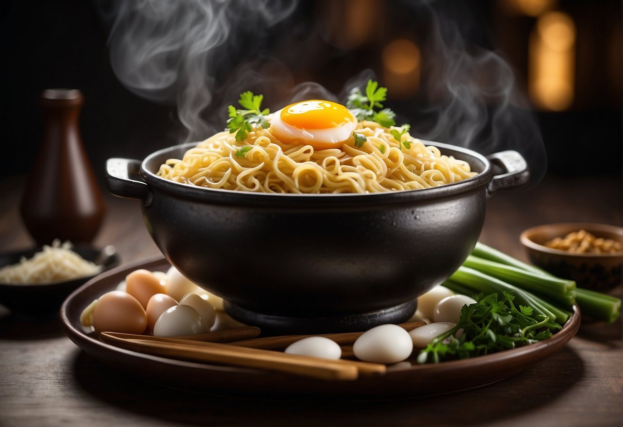 A steaming pot of egg noodles in a savory Chinese-style broth, surrounded by traditional ingredients like soy sauce, ginger, and green onions