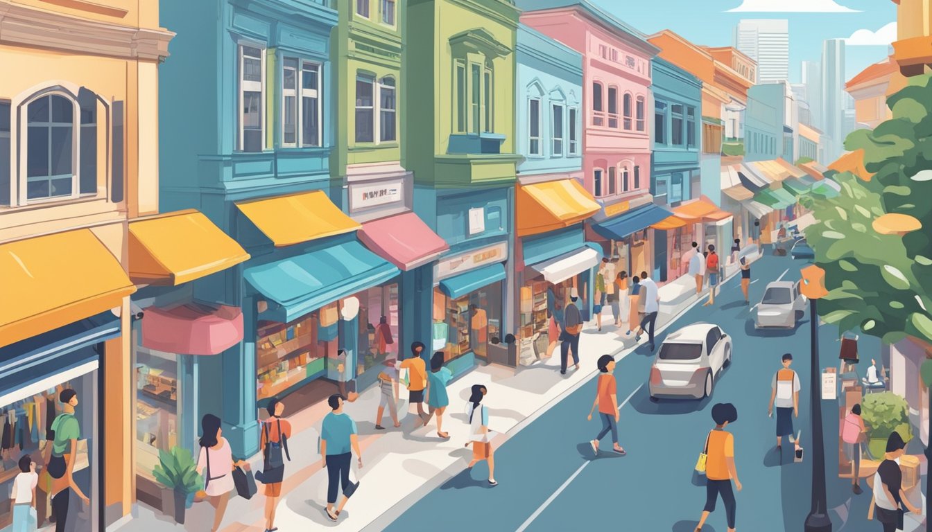 A bustling shopping district in Singapore, with colorful storefronts and trendy signage advertising the best places to buy jeans. Pedestrians walk by, carrying shopping bags and browsing the various clothing stores