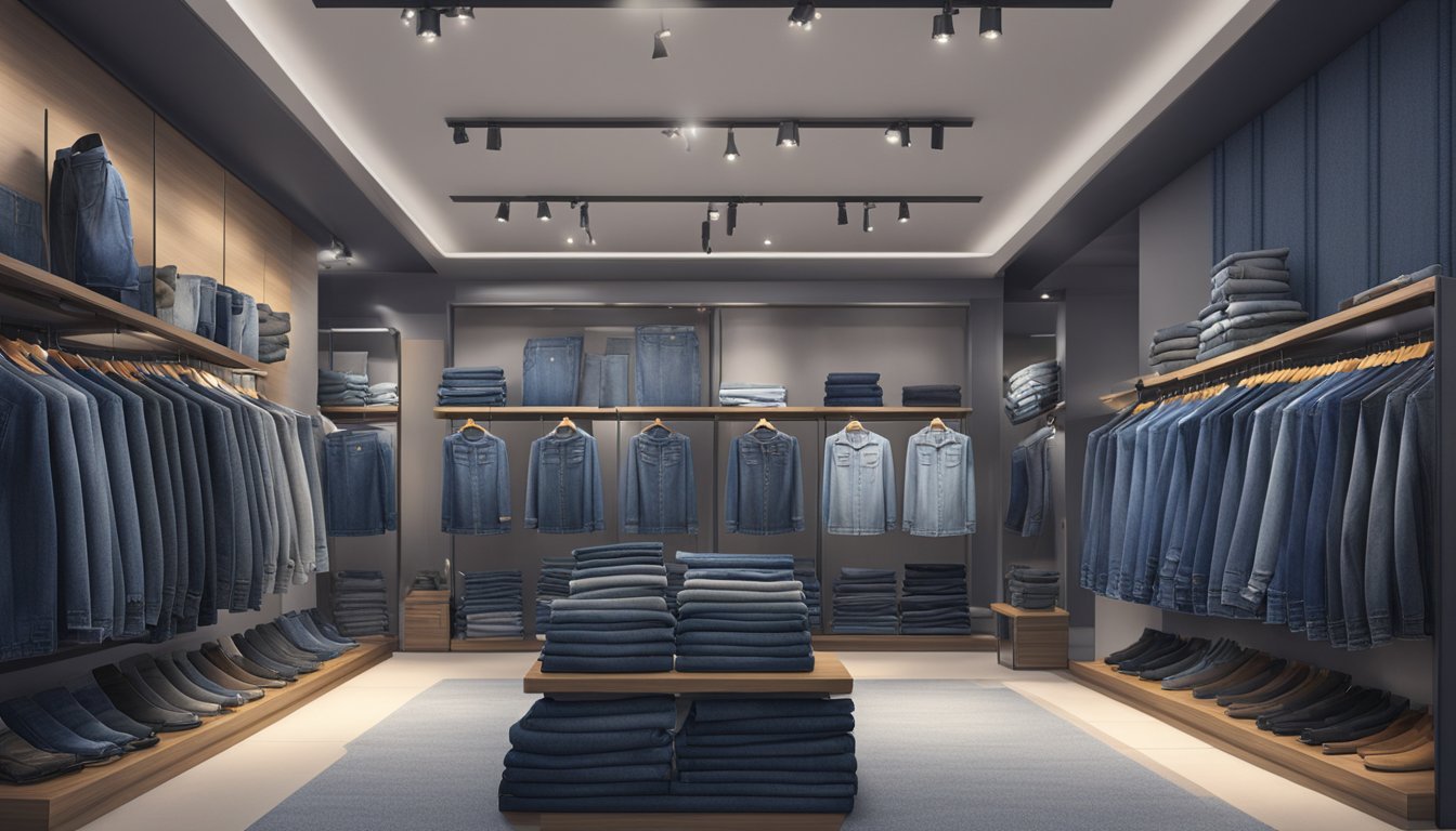 A display of various jeans in a Singaporean store, with different styles and sizes. Bright lighting highlights the denim fabric and various brand logos
