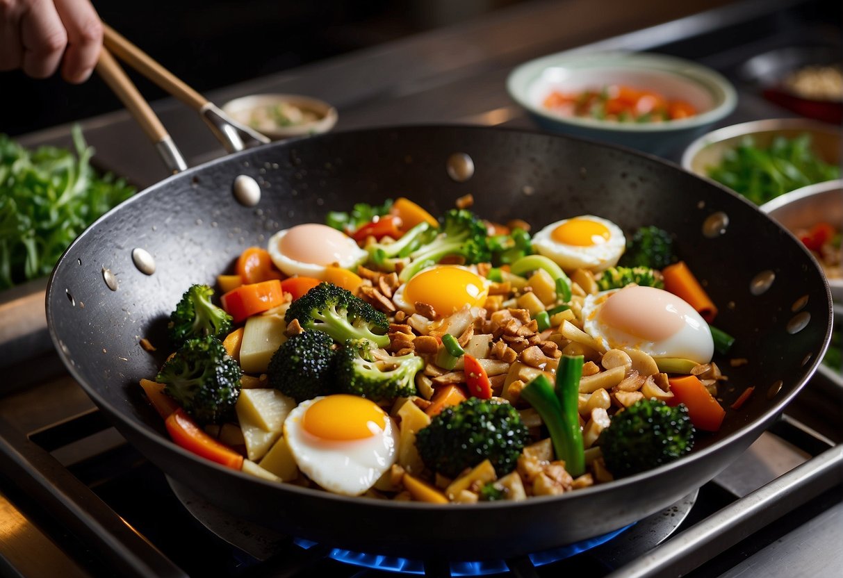 A wok sizzles with stir-fried vegetables and eggs, as a chef adds savory sauces and spices for Chinese egg recipes at dinner