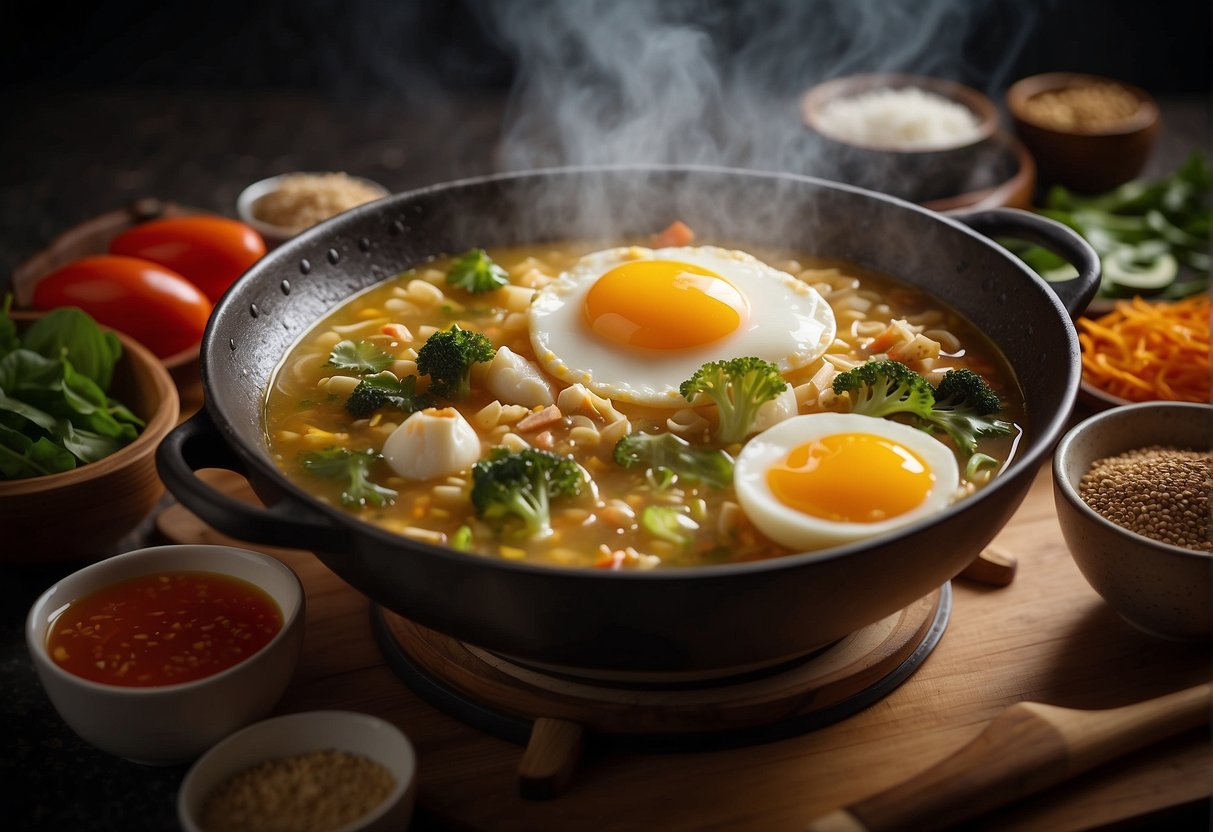 A wok sizzles with eggs, surrounded by traditional Chinese spices and ingredients. A steaming bowl of egg drop soup completes the scene