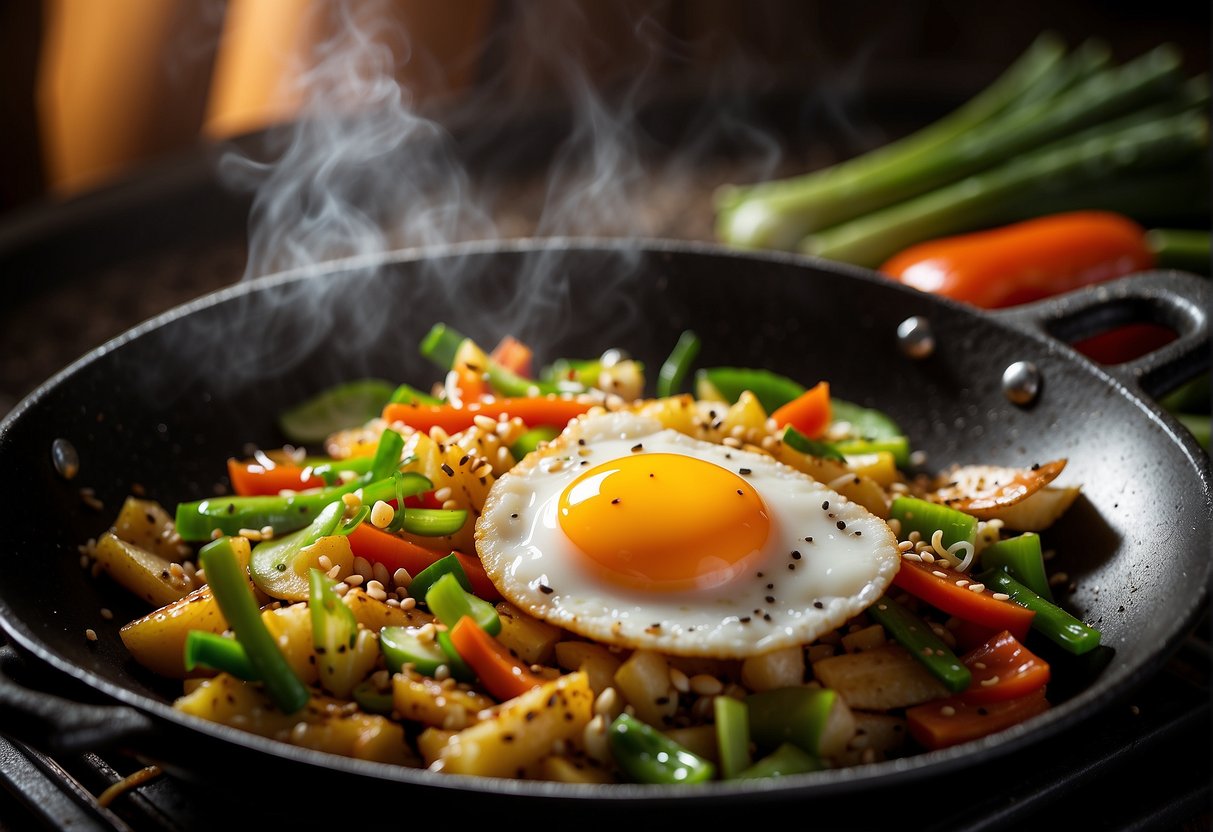 A wok sizzles with stir-fried eggs and vegetables, infused with soy sauce and ginger, creating a tantalizing aroma. Green onions and sesame seeds garnish the dish