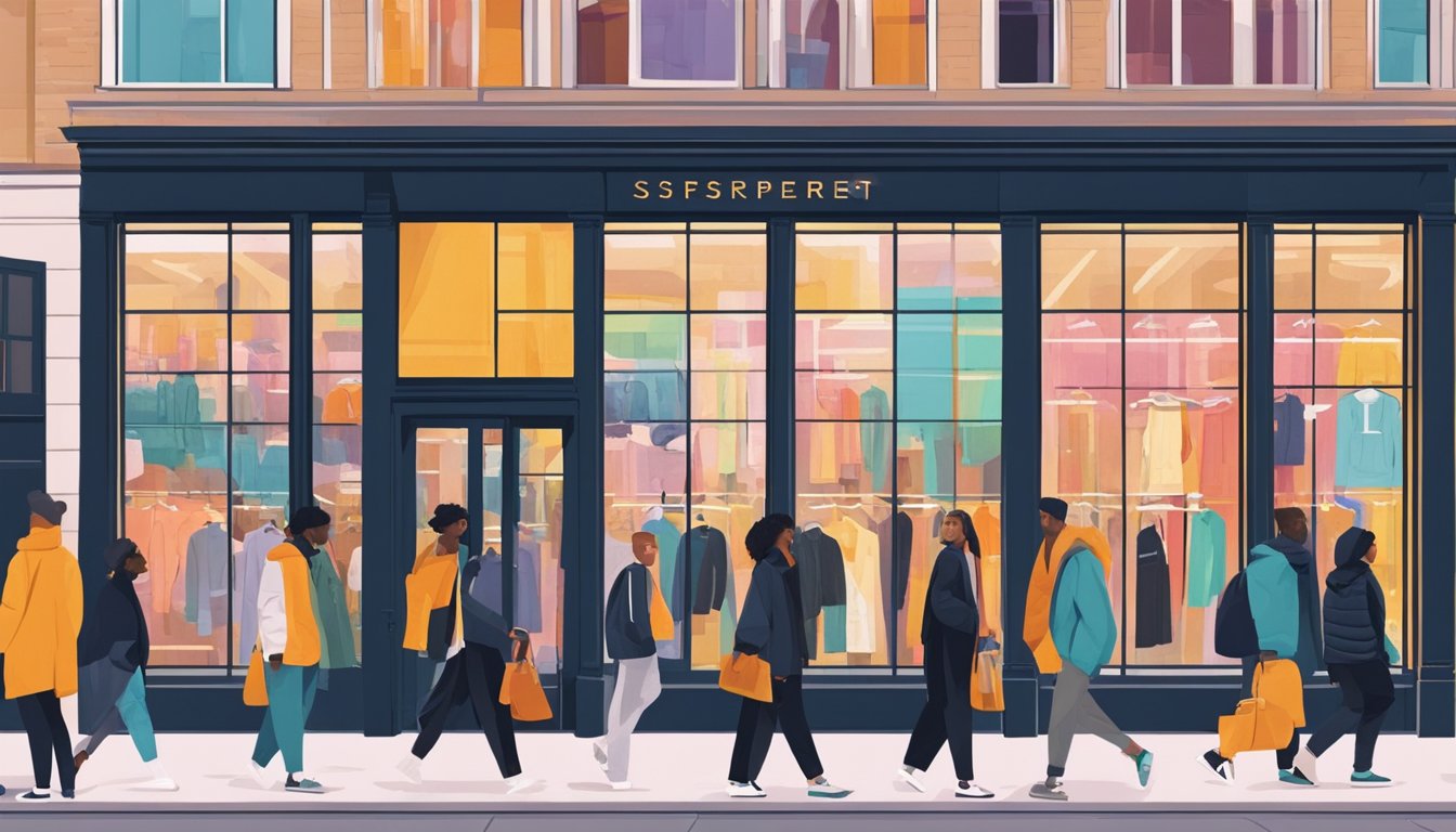 A busy London street with colorful storefronts showcasing trendy streetwear brands. Pedestrians walk past, admiring the latest fashion displayed in the windows