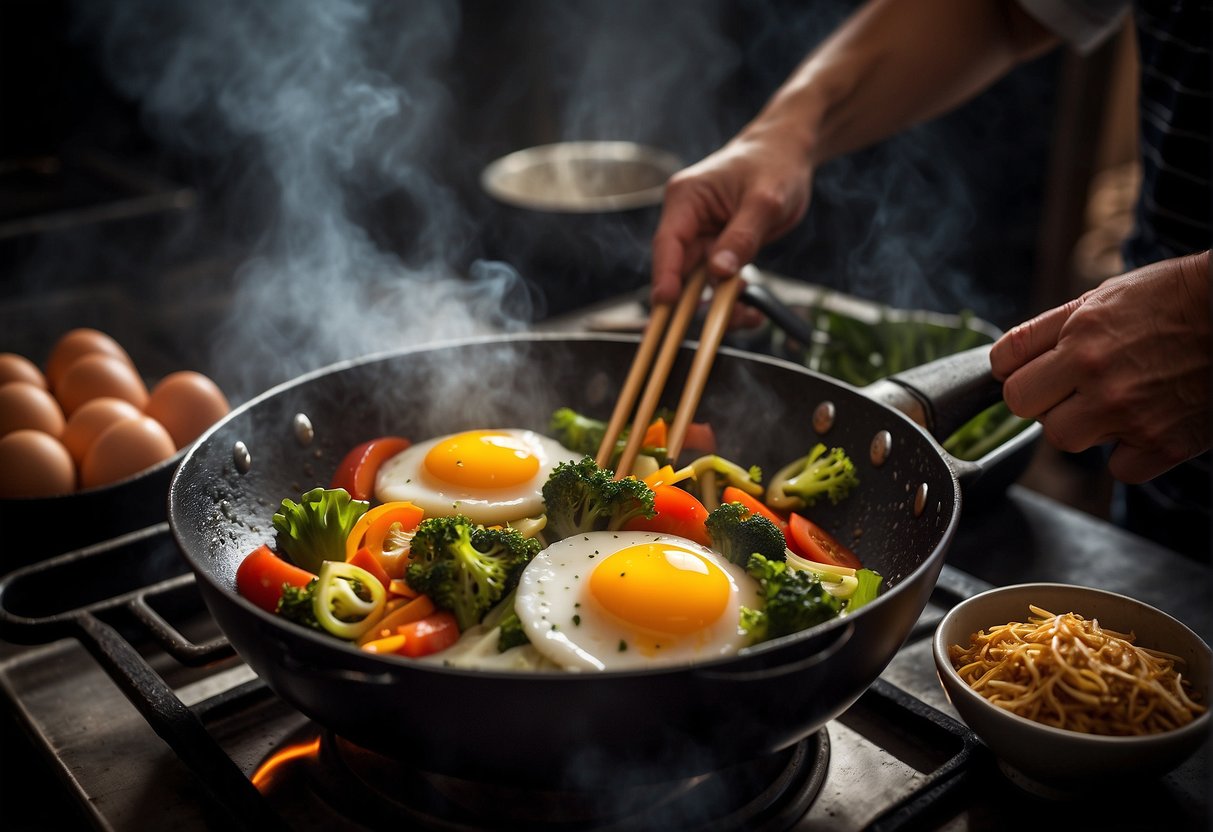 Eggs being stir-fried in a wok with colorful vegetables and savory sauces, steam rising, chopsticks nearby