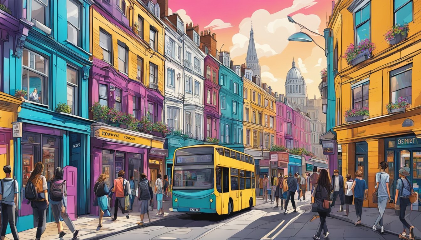 Vibrant London street scene with graffiti-covered walls, trendy storefronts, and stylish young people. Bold colors and edgy designs dominate the urban landscape