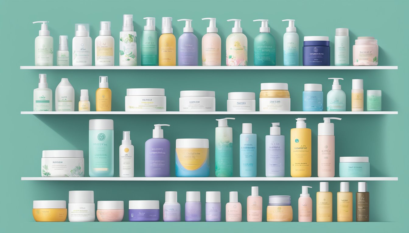 A display of local skin care brands in Singapore, featuring various products and packaging on a clean, modern shelf