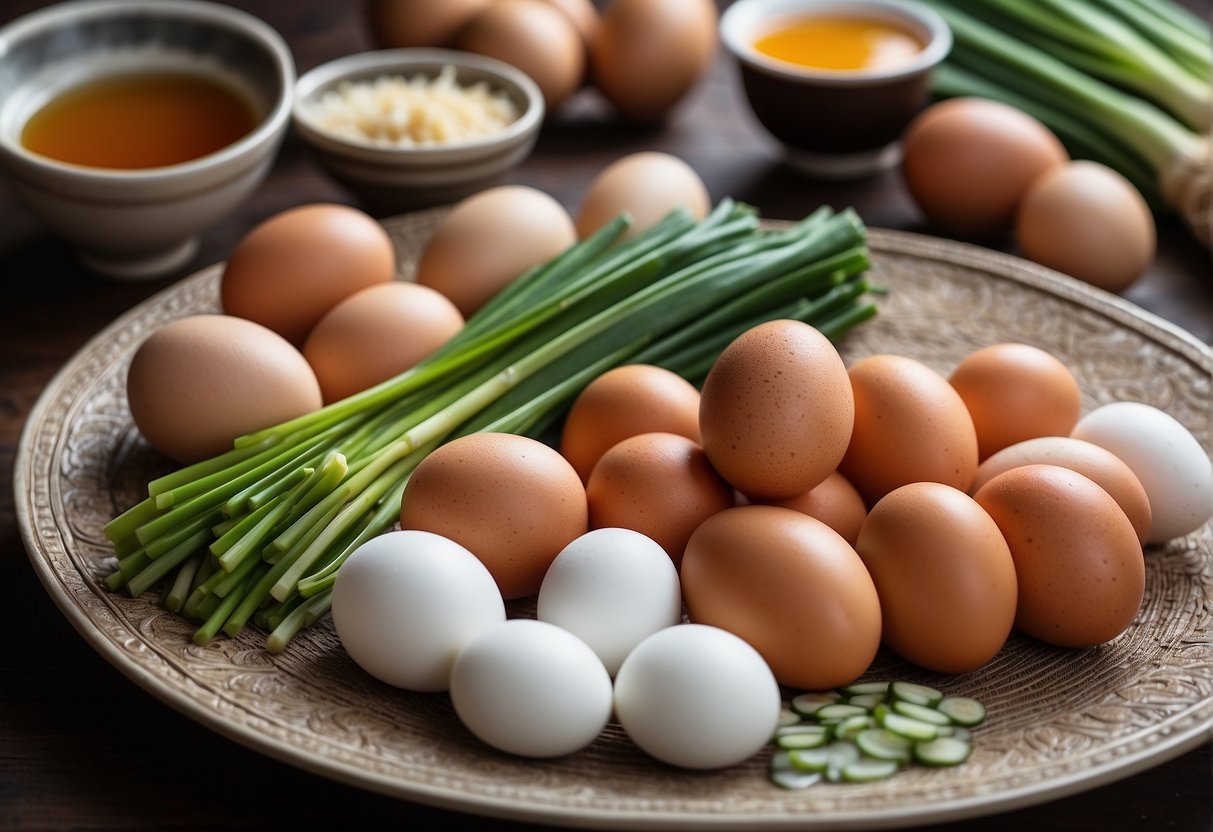 A table holds a variety of fresh eggs, soy sauce, ginger, garlic, and green onions, ready for Chinese egg dish recipes