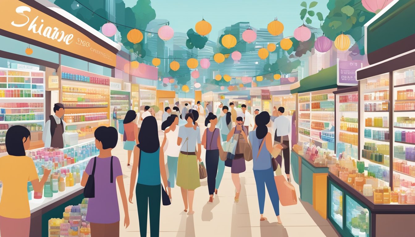 A bustling Singapore market, with colorful storefronts showcasing local skincare brands. A diverse array of products on display, from luxurious creams to natural remedies