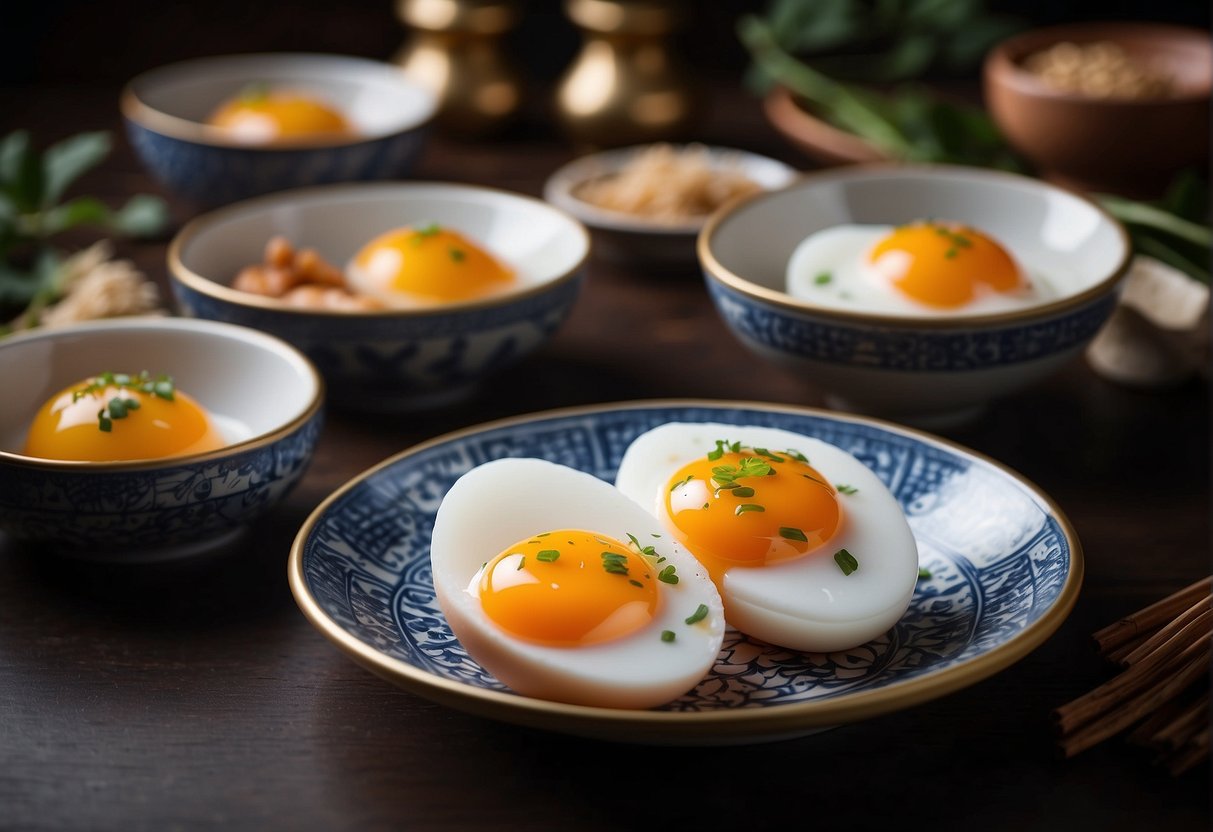 Eggs prepared in various Chinese dinner recipes, elegantly presented on porcelain dishes