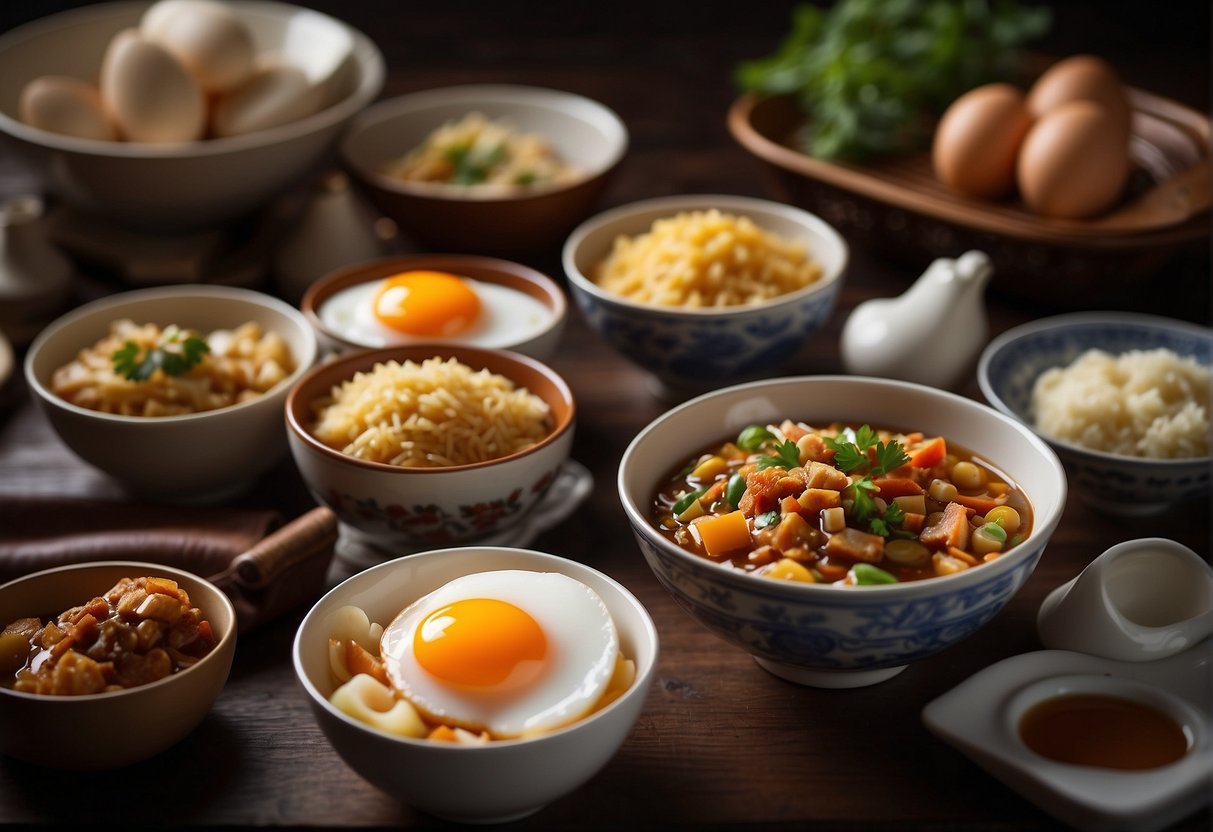 A table with a variety of Chinese egg dishes, accompanied by nutritional information and dietary considerations
