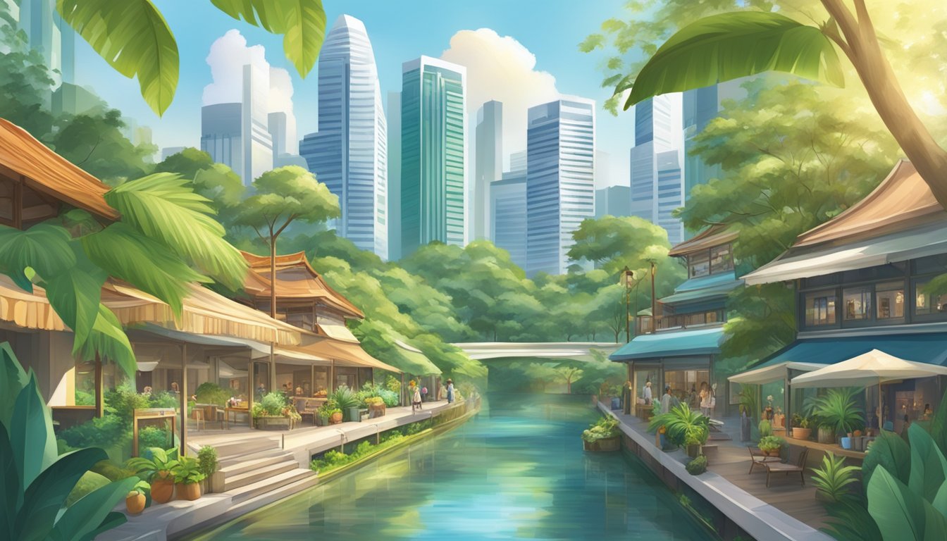 A vibrant cityscape of Singapore under a bright sun, with lush greenery and tropical plants, while local skincare products are displayed prominently