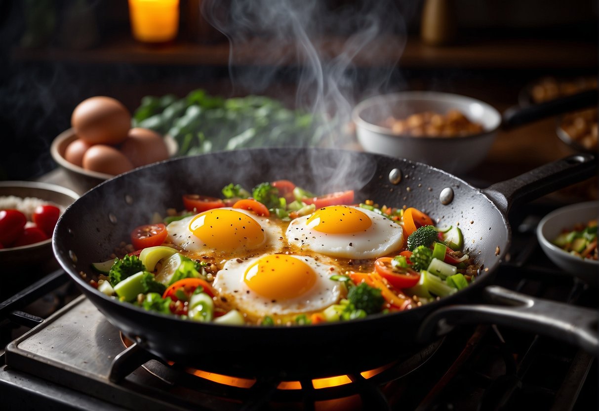 Eggs sizzling in a hot wok, surrounded by colorful vegetables and aromatic spices. Steam rising as the eggs are swiftly stirred and flipped, creating a delicious Chinese egg dish
