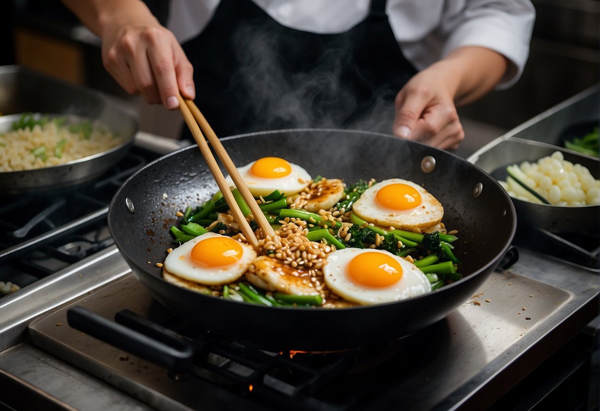 A wok sizzles with beaten eggs, mixed with soy sauce and scallions. A chef adds a splash of sesame oil, creating a classic Chinese egg dish
