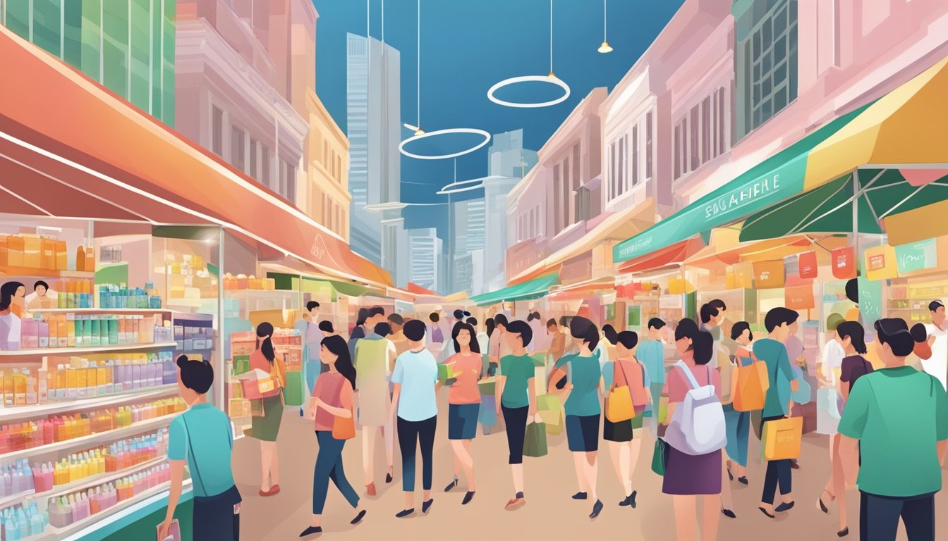 A bustling Singapore market with colorful displays of local skin care products and customers seeking information