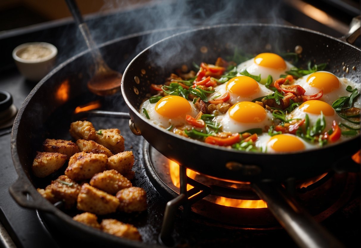 A wok sizzles on a gas stove, as a chef expertly cracks eggs into the pan. Aromatic Chinese spices and sauces are added, creating a mouthwatering aroma