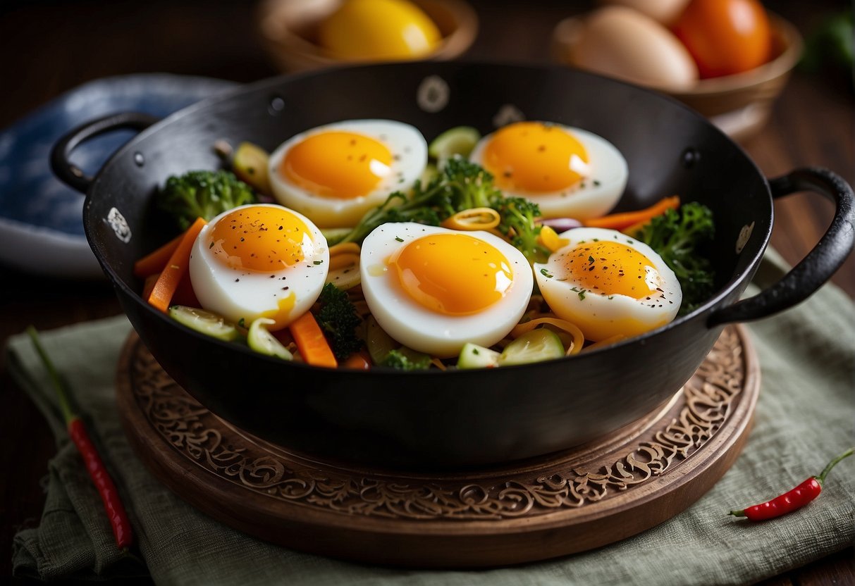 Eggs cooked in a wok with colorful vegetables and aromatic spices, presented on a traditional Chinese plate with intricate designs