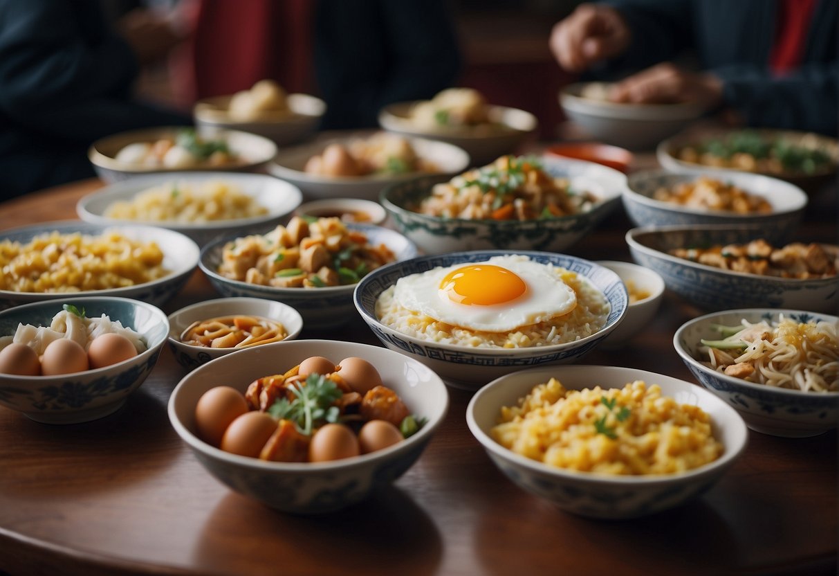 A table filled with various Chinese-style egg dishes, surrounded by curious onlookers