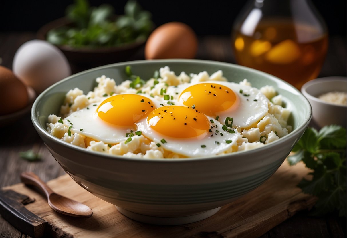 A bowl with egg whites and Chinese recipe ingredients
