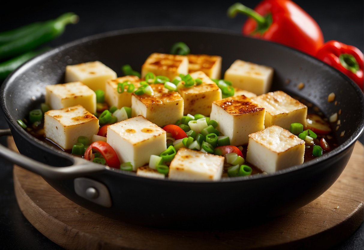 Egg tofu cubes sizzle in a hot wok with garlic, ginger, and soy sauce. Green onions and red chili peppers add color and flavor