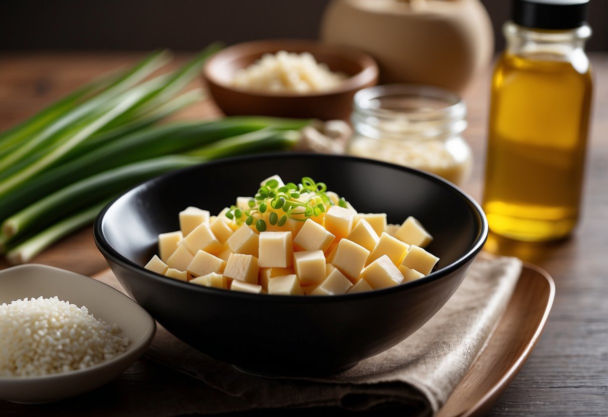 A bowl of diced egg tofu, soy sauce, ginger, garlic, and green onions, alongside a bottle of sesame oil and a plate of cornstarch