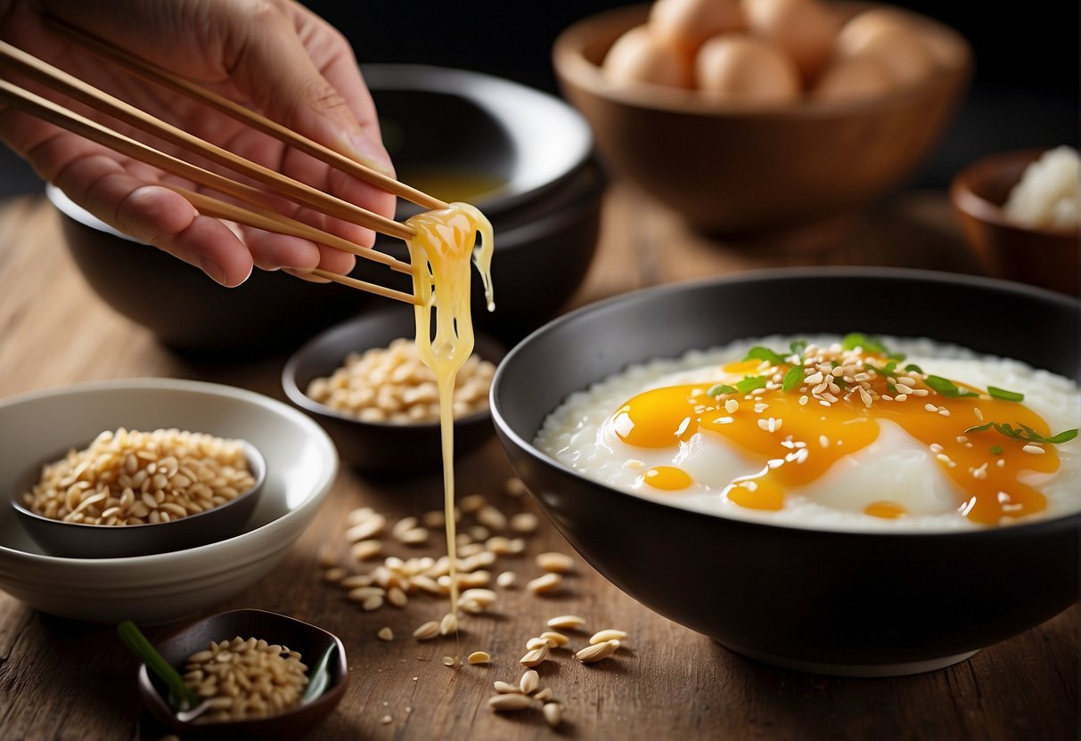 Egg whites being whisked in a bowl with chopsticks, surrounded by bowls of soy sauce, sesame oil, and minced garlic