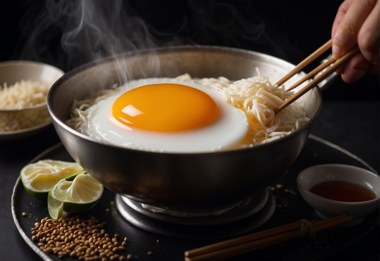 Egg whites being whisked in a bowl, soy sauce and other ingredients being added, then the mixture being poured into a sizzling hot wok
