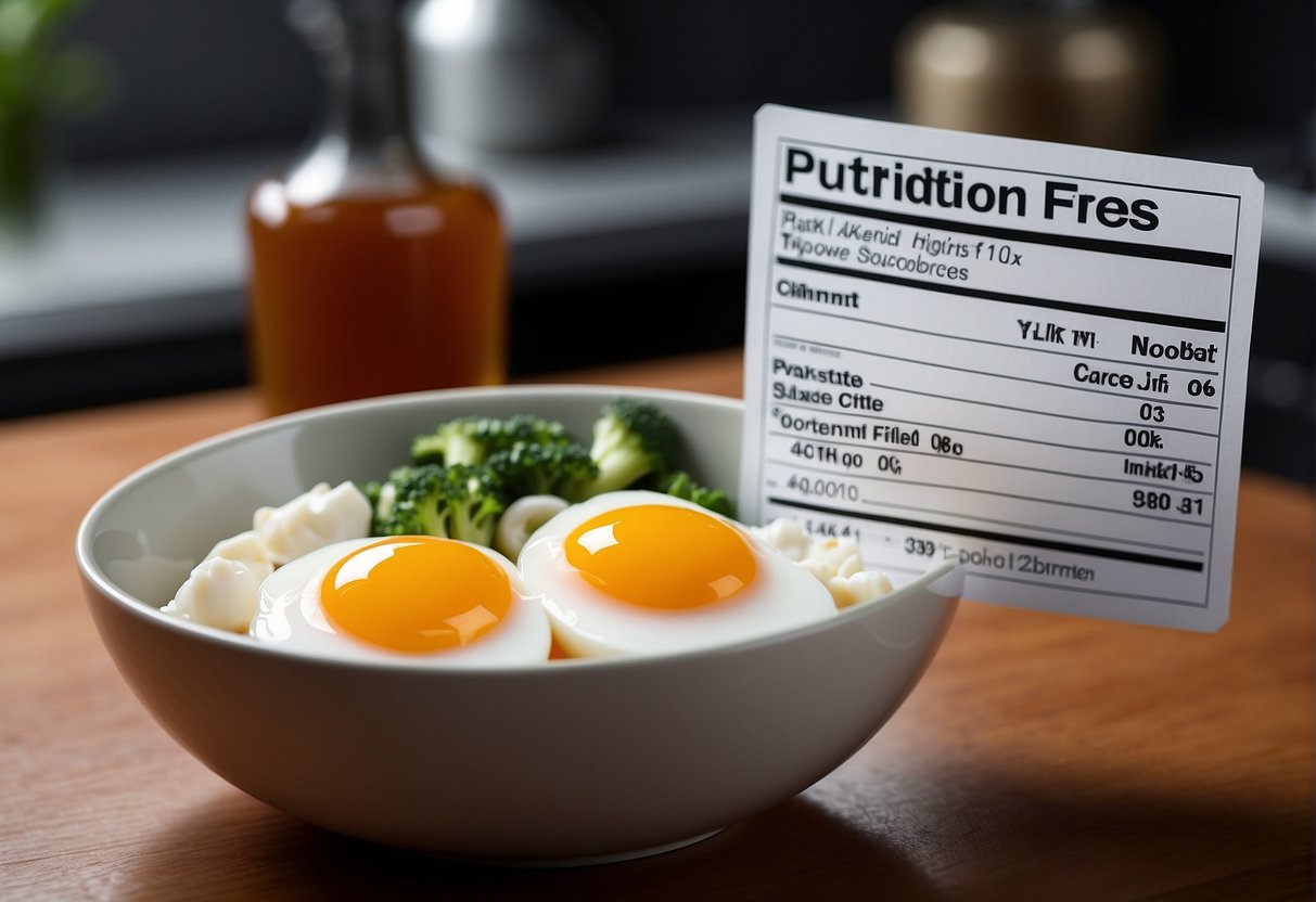 A bowl of egg whites, soy sauce, and chopped vegetables sits on a kitchen counter next to a nutrition label