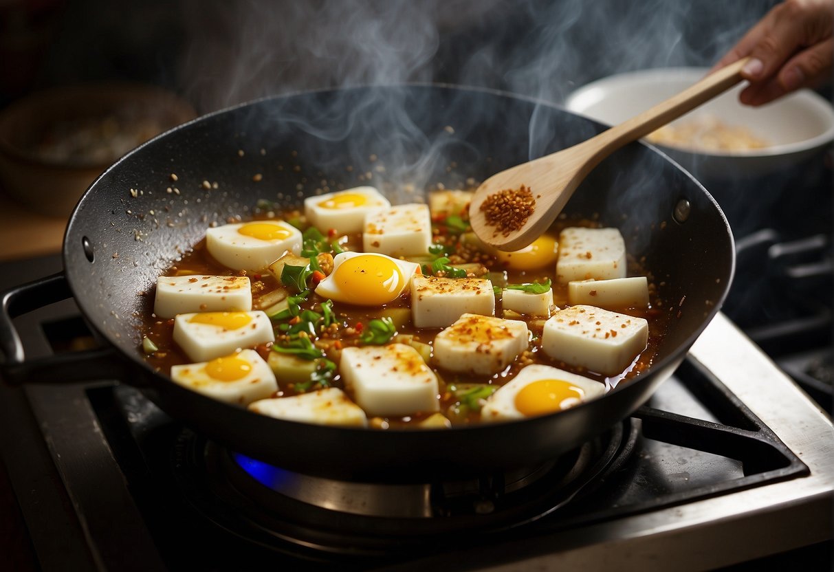 Egg tofu sizzling in a hot wok with aromatic Chinese seasonings, being gently stirred and flipped by a spatula