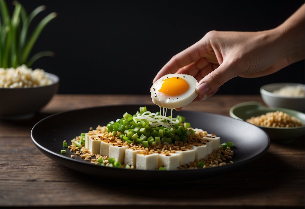 A hand holding a plate with sliced egg tofu topped with green onions, grated ginger, and soy sauce. Garnished with a sprinkle of sesame seeds