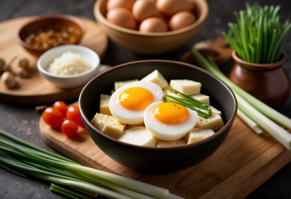 A bowl of freshly made egg tofu sits on a wooden cutting board, surrounded by ingredients like soy sauce, ginger, and green onions. A recipe book with "Frequently Asked Questions egg tofu recipe Chinese" is open next to it