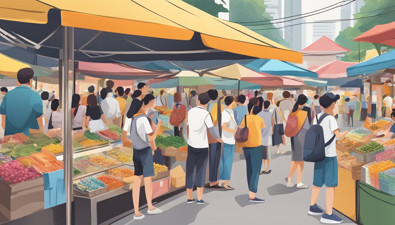 Postcard stand in bustling Singapore market, colorful displays of local landmarks, surrounded by tourists and locals browsing