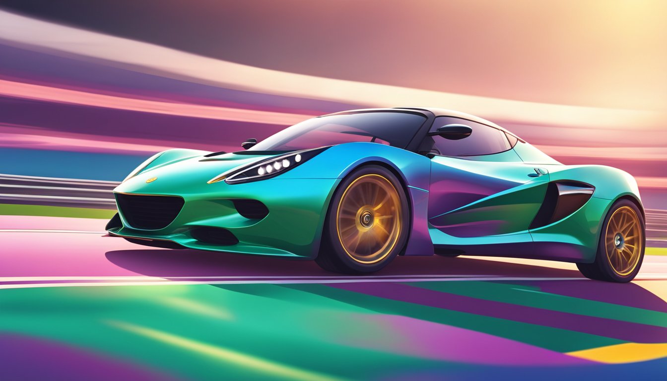 A sleek Lotus car speeds around a winding track, its vibrant color reflecting in the sunlight