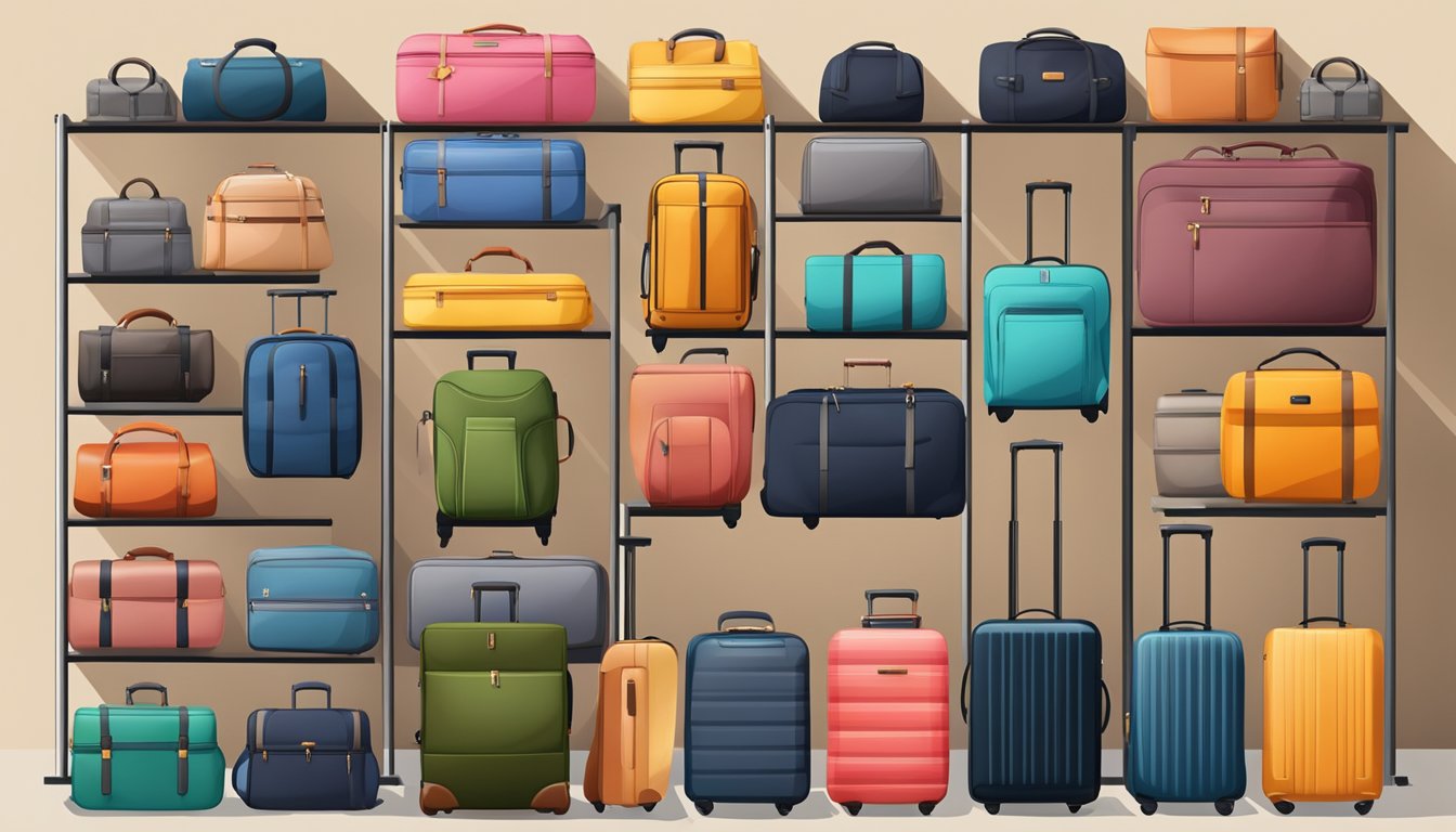 Various luggage bags from popular brands arranged neatly on a display shelf
