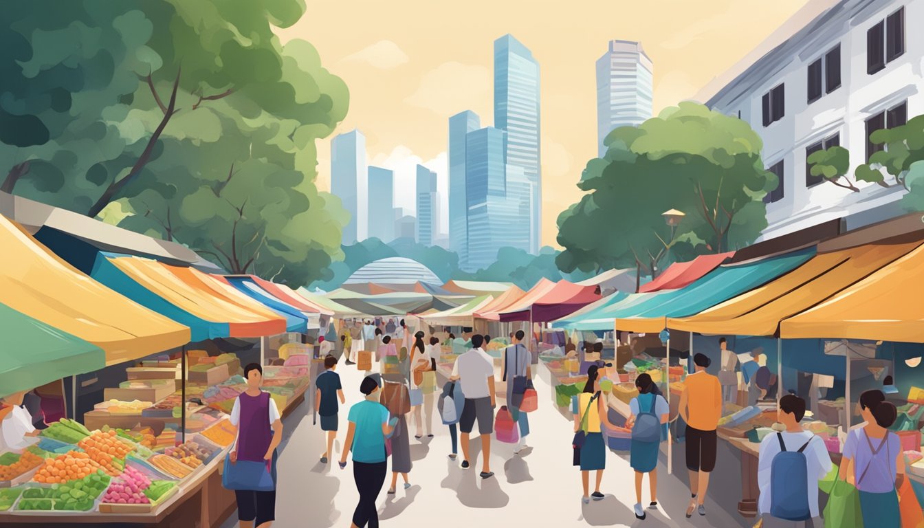 A bustling street market with colorful stalls selling postcards, near iconic landmarks and tourist attractions in Singapore