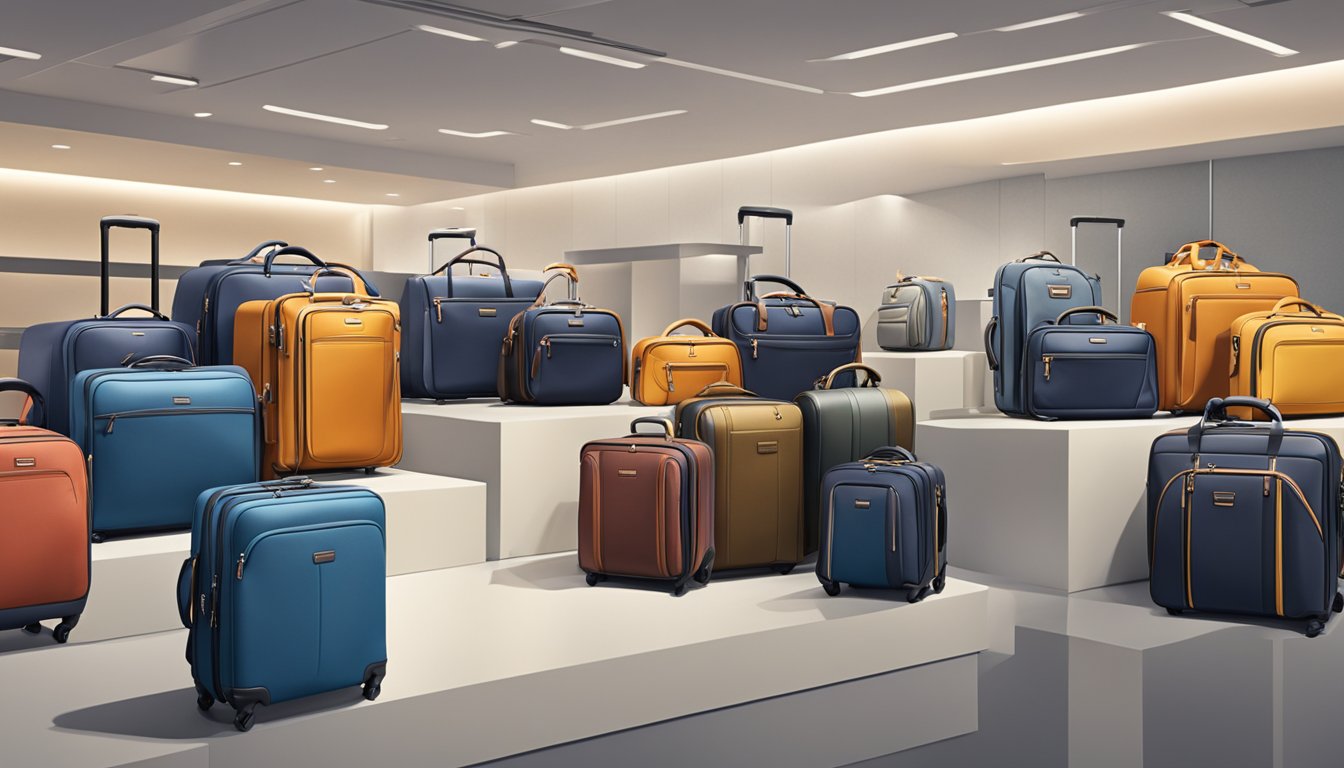 A variety of top luggage brands' bags are displayed in a spacious, well-lit showroom, showcasing different sizes, colors, and designs