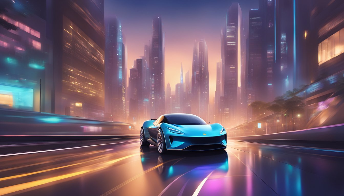 A sleek Lotus electric car speeds through a futuristic city at night, its headlights illuminating the urban landscape