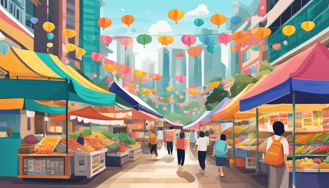 Postcards displayed in a vibrant Singaporean market, with colorful designs and landmarks