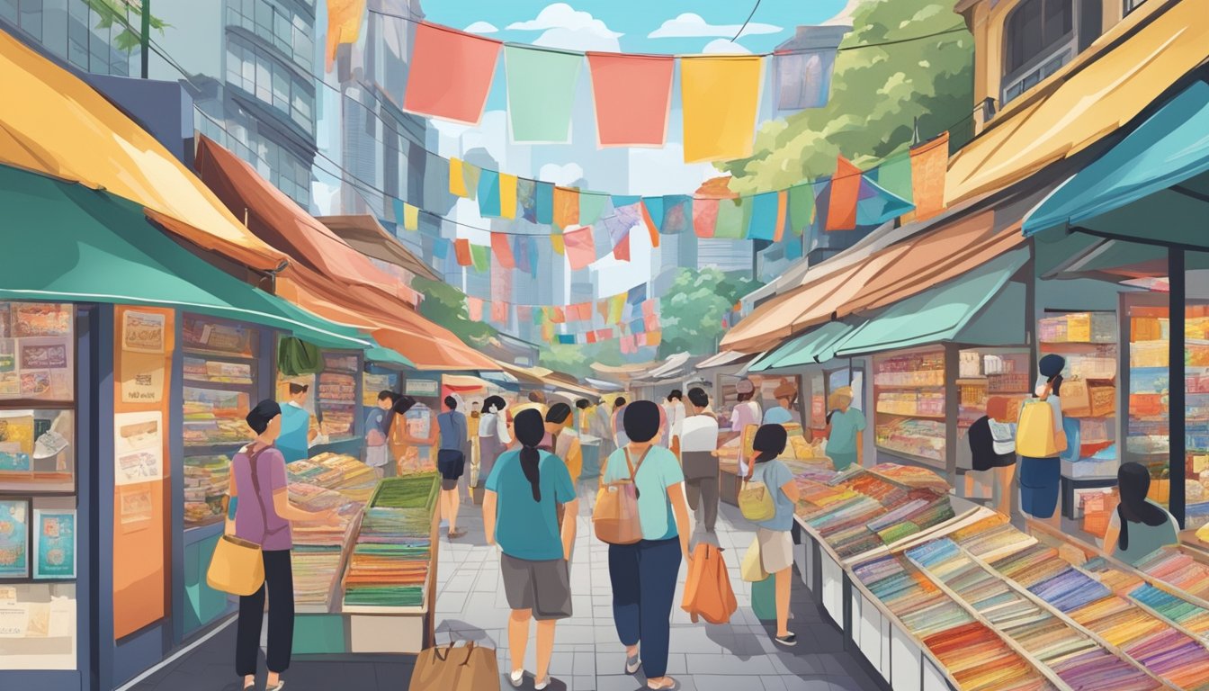 A colorful display of postcards at a bustling Singapore market, with various designs and landmarks featured. Tourists and locals browse the selection