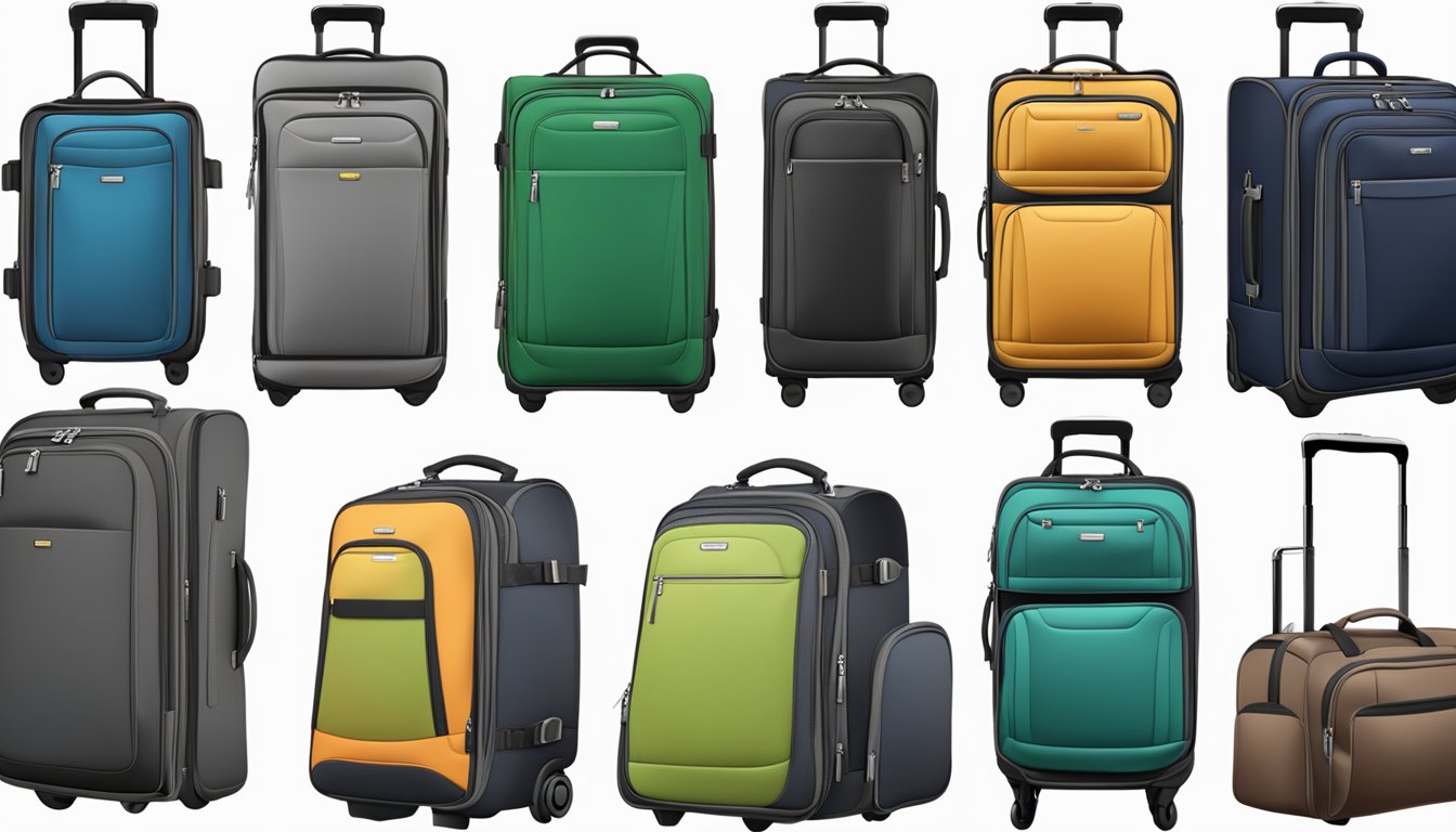 A variety of luggage bags displayed with different features and functionality, showcasing various brands and designs