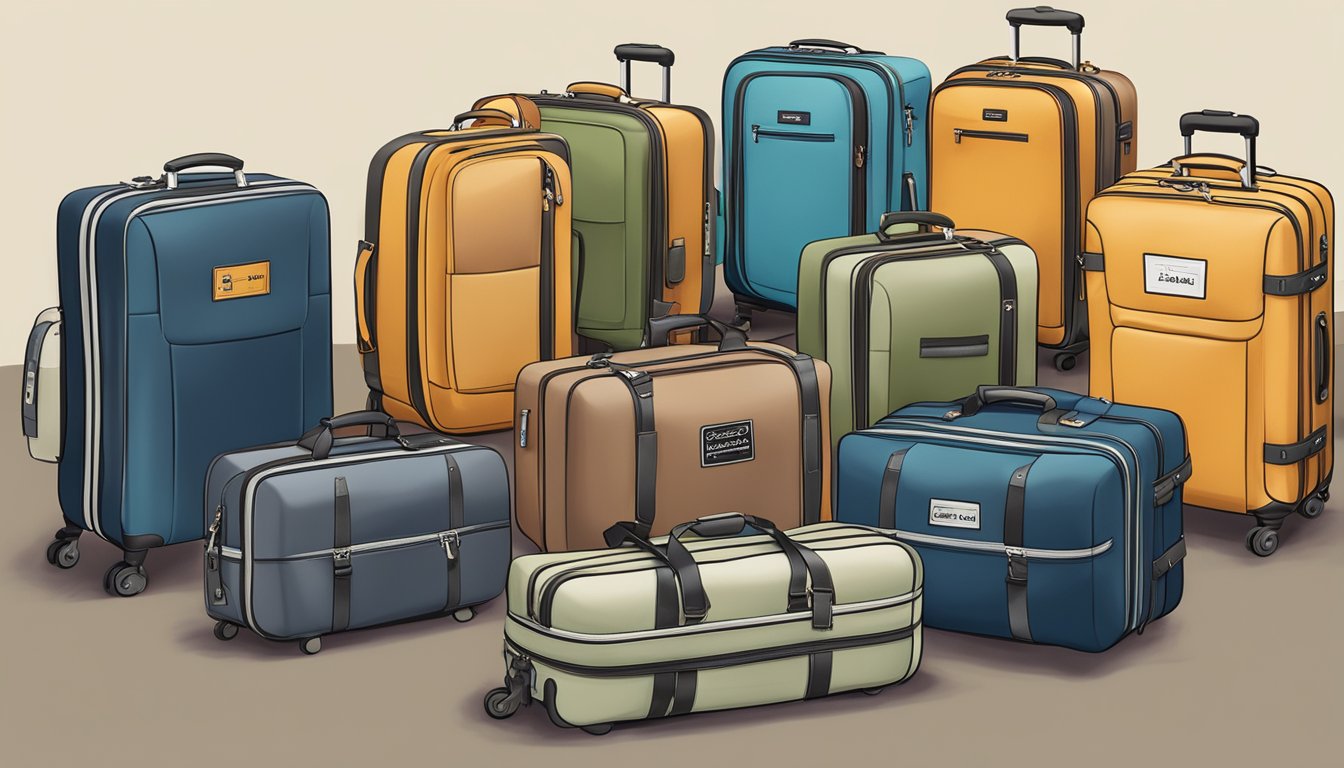 Various branded luggage bags arranged in a neat display, with a sign reading "Frequently Asked Questions" above them