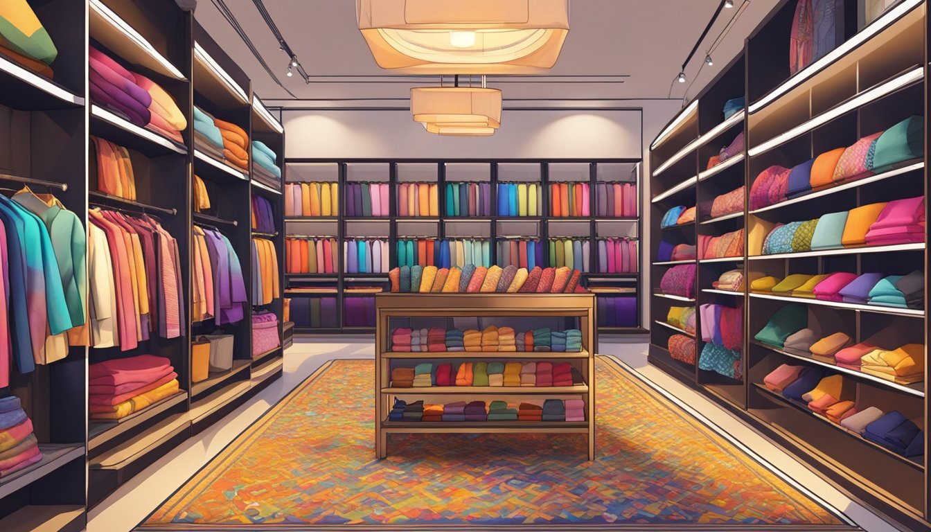 A colorful scarf display at a boutique in Singapore. Shelves lined with various patterns and textures. Bright lighting highlights the vibrant colors