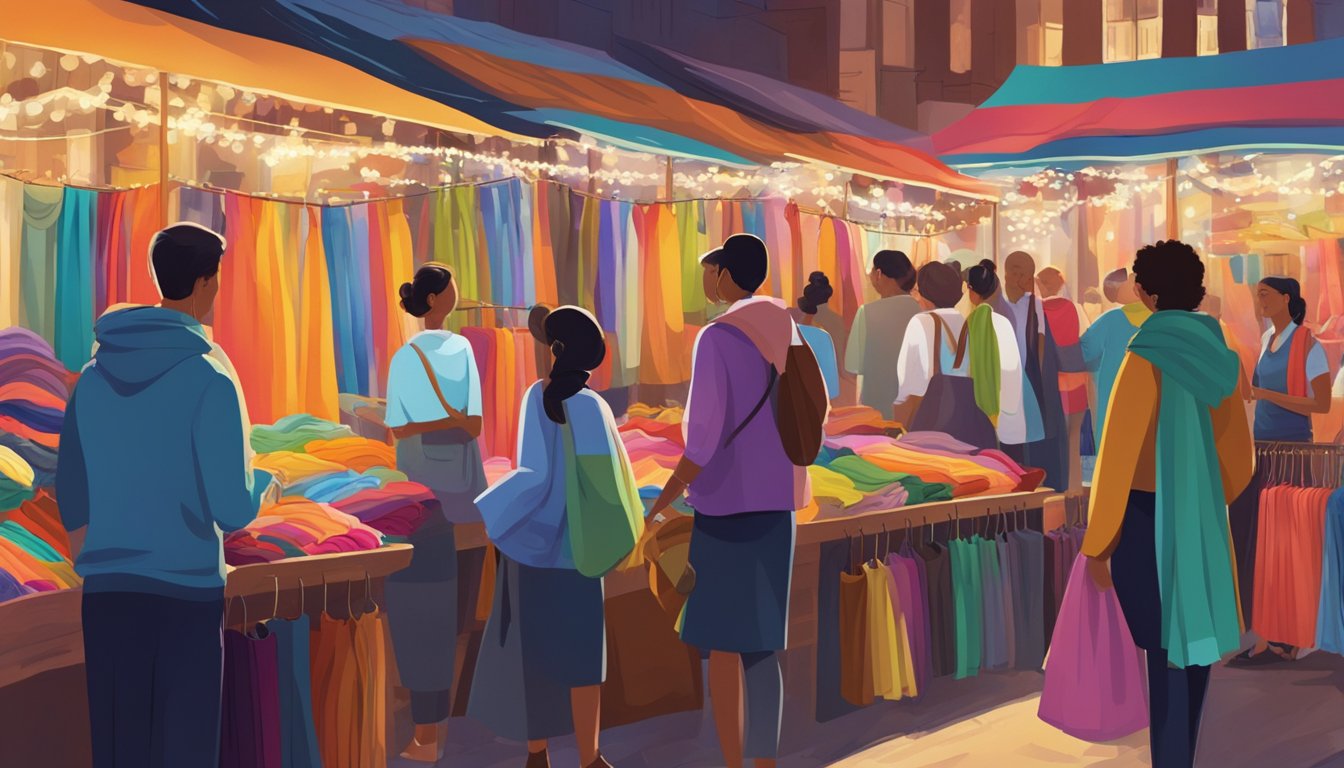 A bustling market stall filled with colorful scarves, neatly folded and hanging on display racks. Bright lights illuminate the vibrant fabrics, while eager shoppers browse and haggle with the friendly vendors