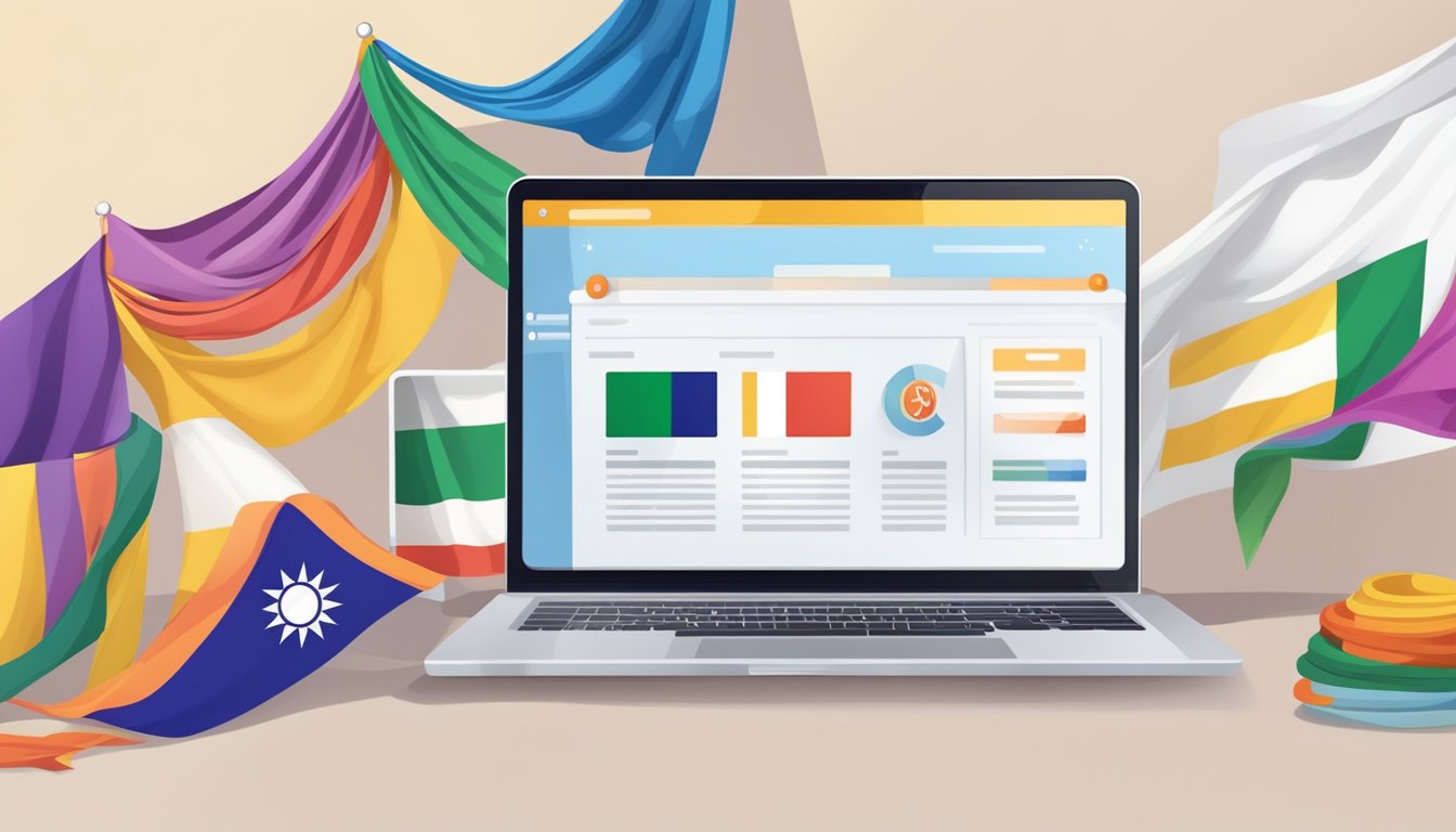 A laptop displaying a variety of colorful scarves on a website, with a secure payment option and a Singaporean flag in the background