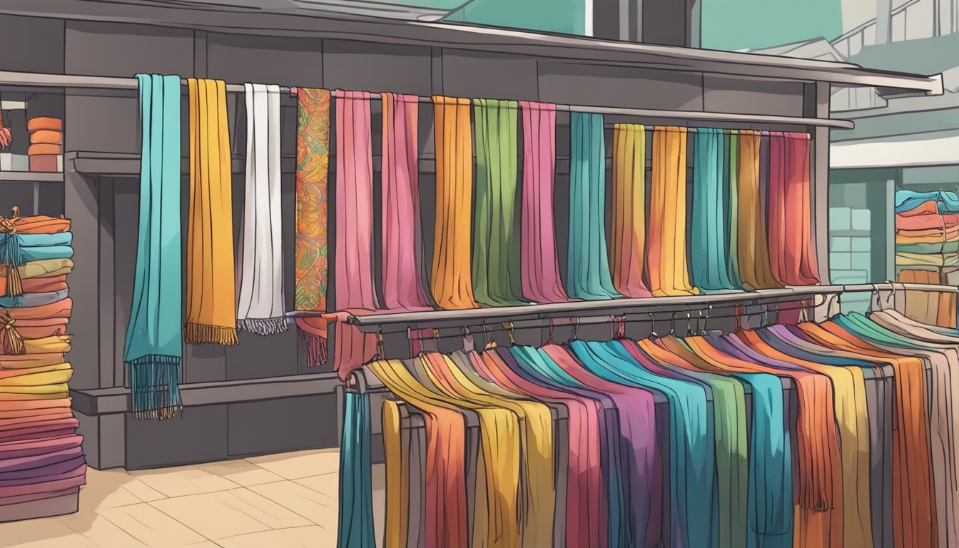 A colorful scarf displayed on a rack in a bustling Singapore marketplace. Shoppers browsing nearby