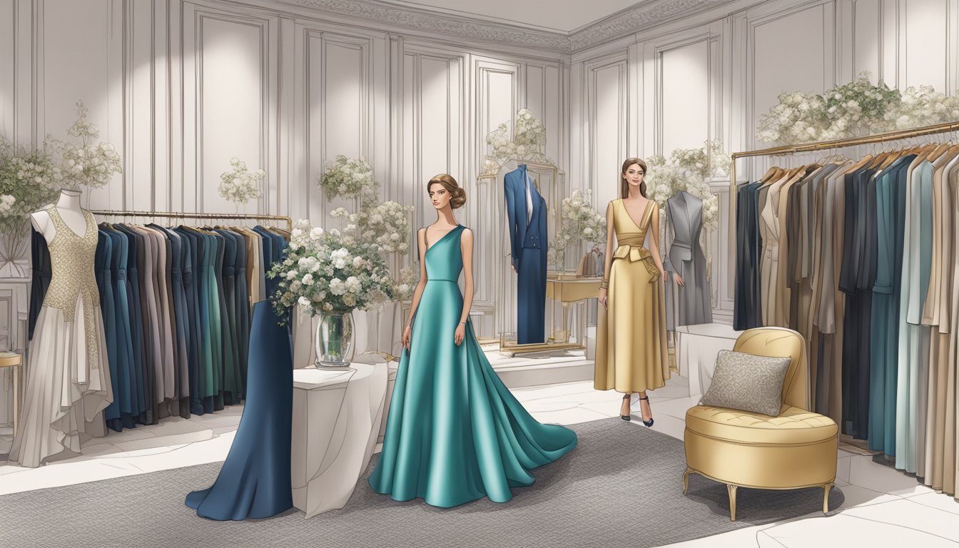A lavish display of high-end clothing brands, showcasing elegant designs and luxurious fabrics in a sophisticated boutique setting