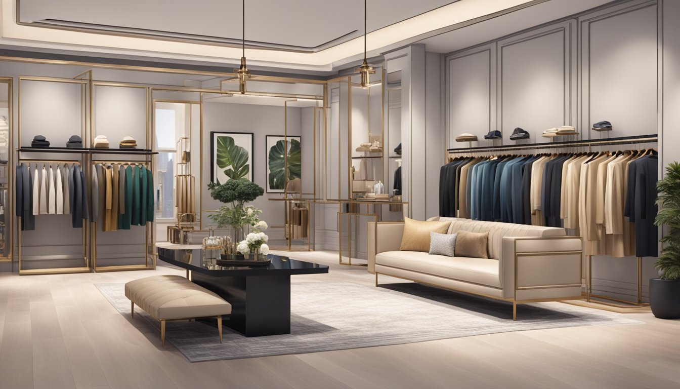 Luxury clothing brands showcased in a chic boutique with sleek displays and elegant decor, reflecting current trends and cultural influences