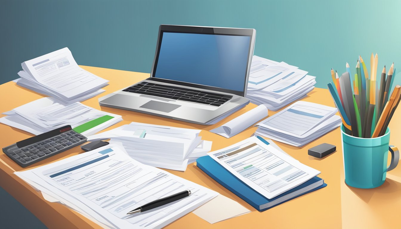 A desk with a laptop, pen, and paper. A stack of educational loan forms and documents, including ID, income, and academic records