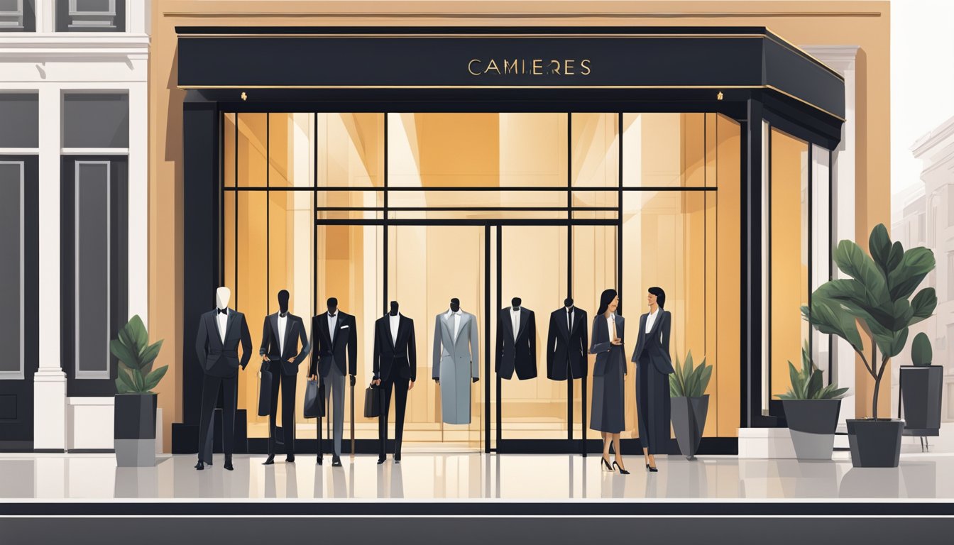 A sleek, modern storefront with a bold, elegant logo. A line of chic, well-dressed customers waiting to enter. Sophisticated, high-end clothing displayed in the windows